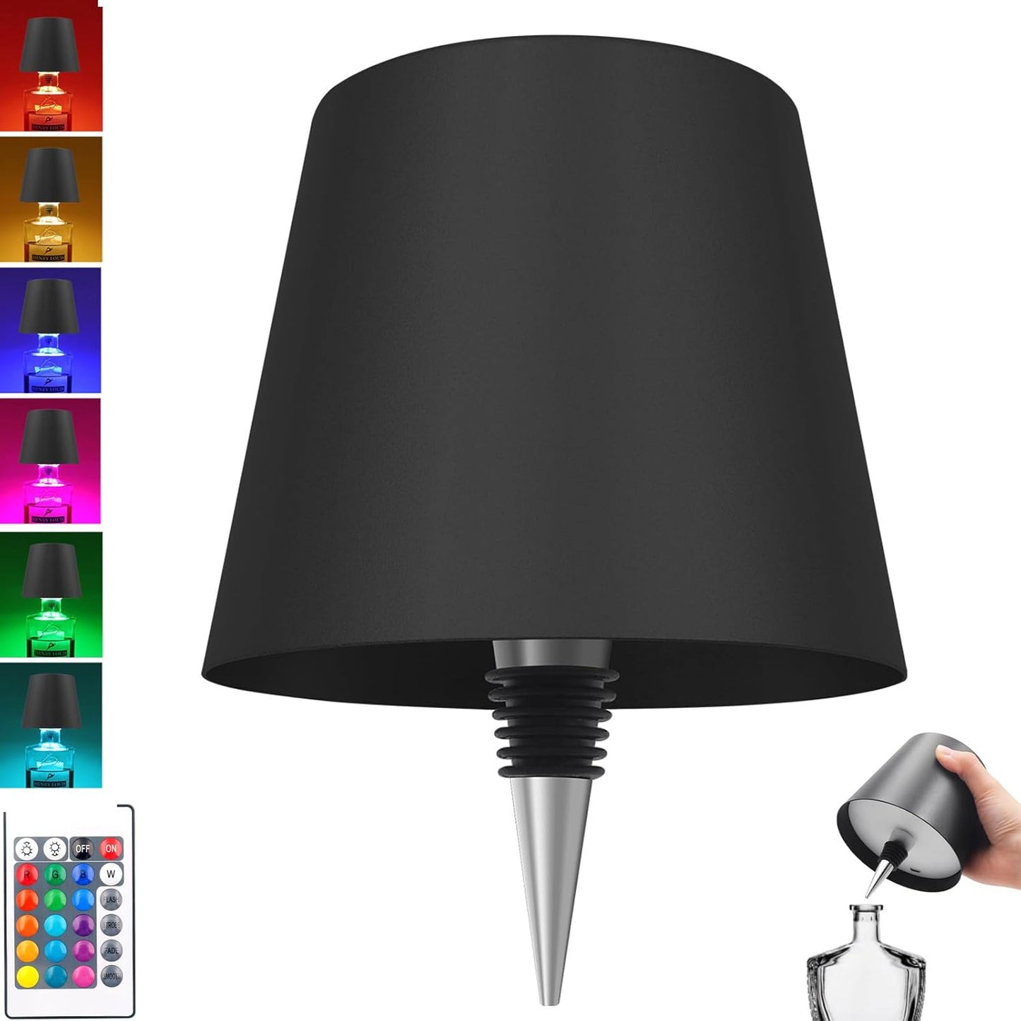 Wireless Bottle Lamp,Metal Wine Bottle Light with 3 Color Light Dimming, Waterproof Bottle Touch Lamp Head for Room, Bar, Restaurants, Party, Decor & Gifts (Black)