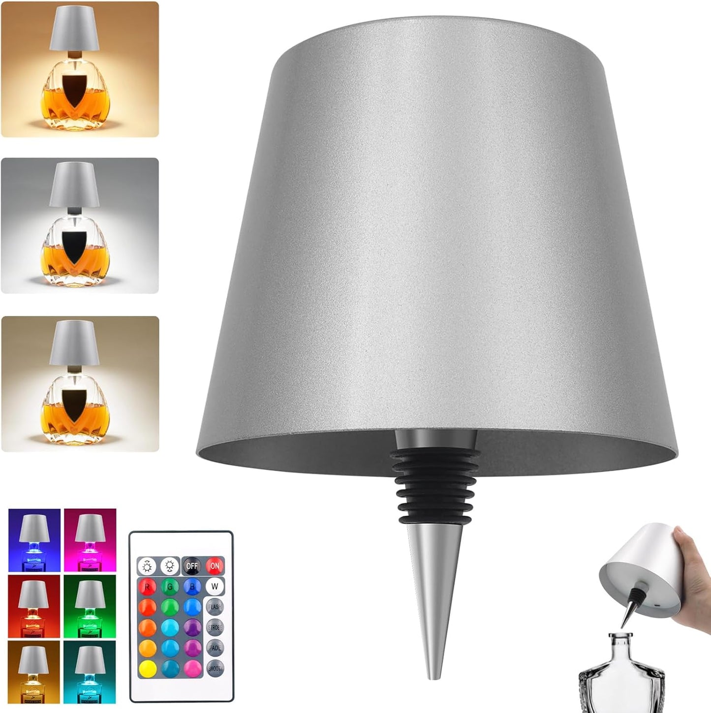 Wireless Bottle Lamp,Metal Wine Bottle Light with 3 Color Light Dimming, Waterproof Bottle Touch Lamp Head for Room, Bar, Restaurants, Party, Decor & Gifts (Black)