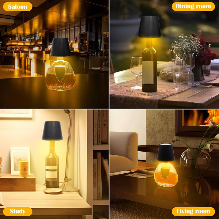 Wireless Bottle Lamp,Metal Wine Bottle Light with 3 Color Light Dimming, Waterproof Bottle Touch Lamp Head for Room, Bar, Restaurants, Party, Decor & Gifts (Black)