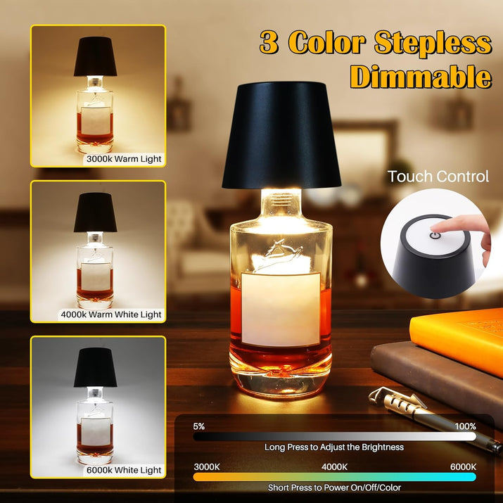Wireless Bottle Lamp,Metal Wine Bottle Light with 3 Color Light Dimming, Waterproof Bottle Touch Lamp Head for Room, Bar, Restaurants, Party, Decor & Gifts (Black)