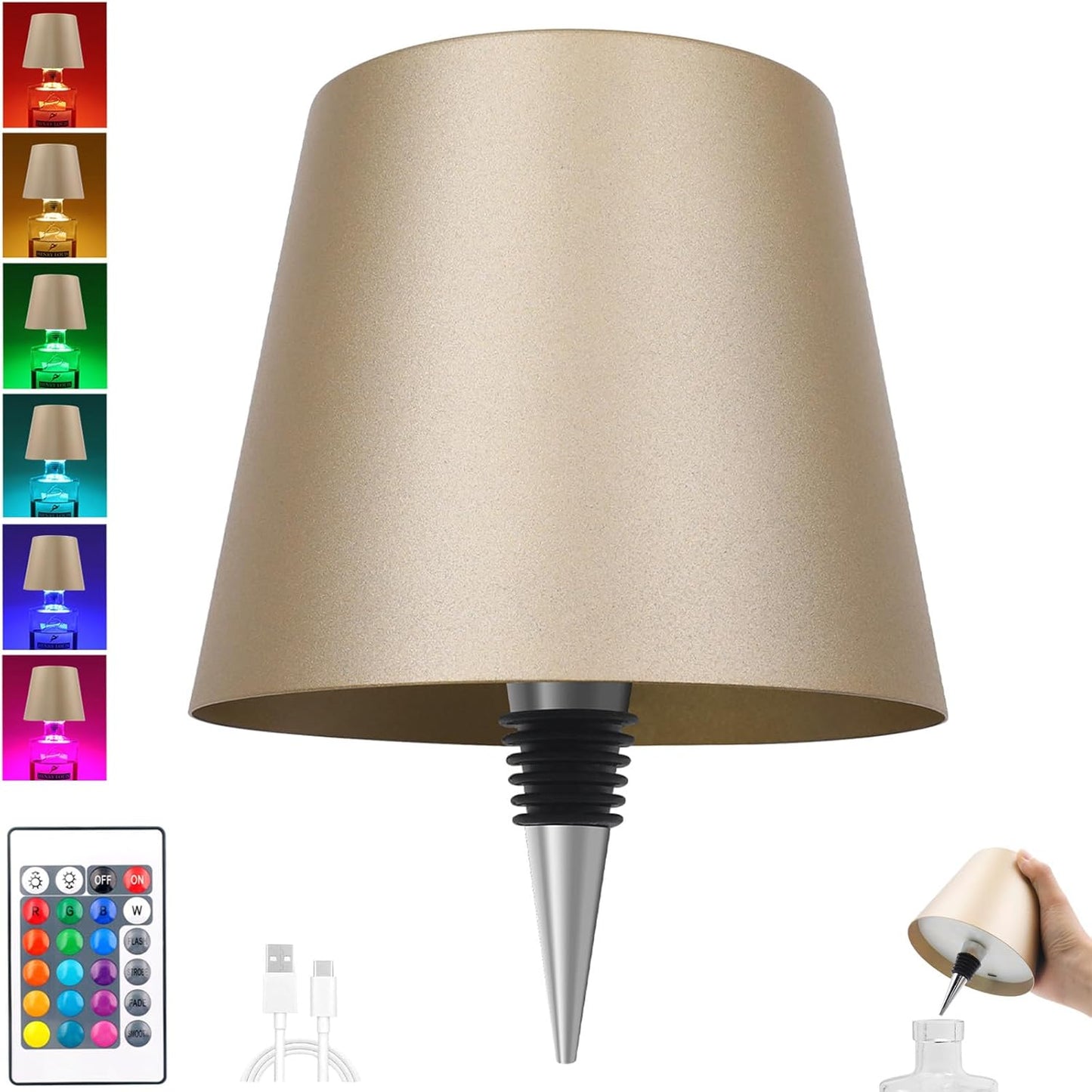 Wireless Bottle Lamp,Metal Wine Bottle Light with 3 Color Light Dimming, Waterproof Bottle Touch Lamp Head for Room, Bar, Restaurants, Party, Decor & Gifts (Black)
